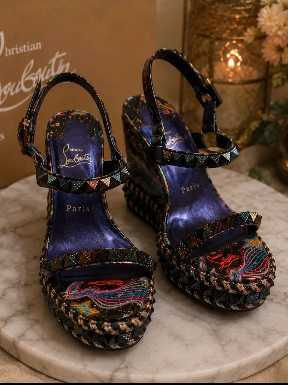 Christian Louboutin Black Multicolor Embellished Platform Wedge Sandals